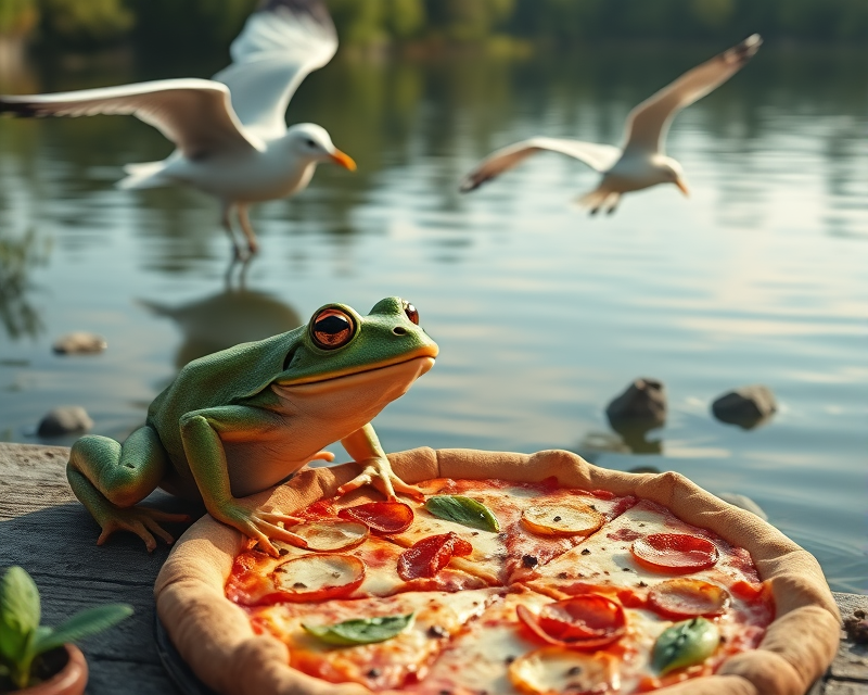 frog, seagull, potato chip, pizza, lake